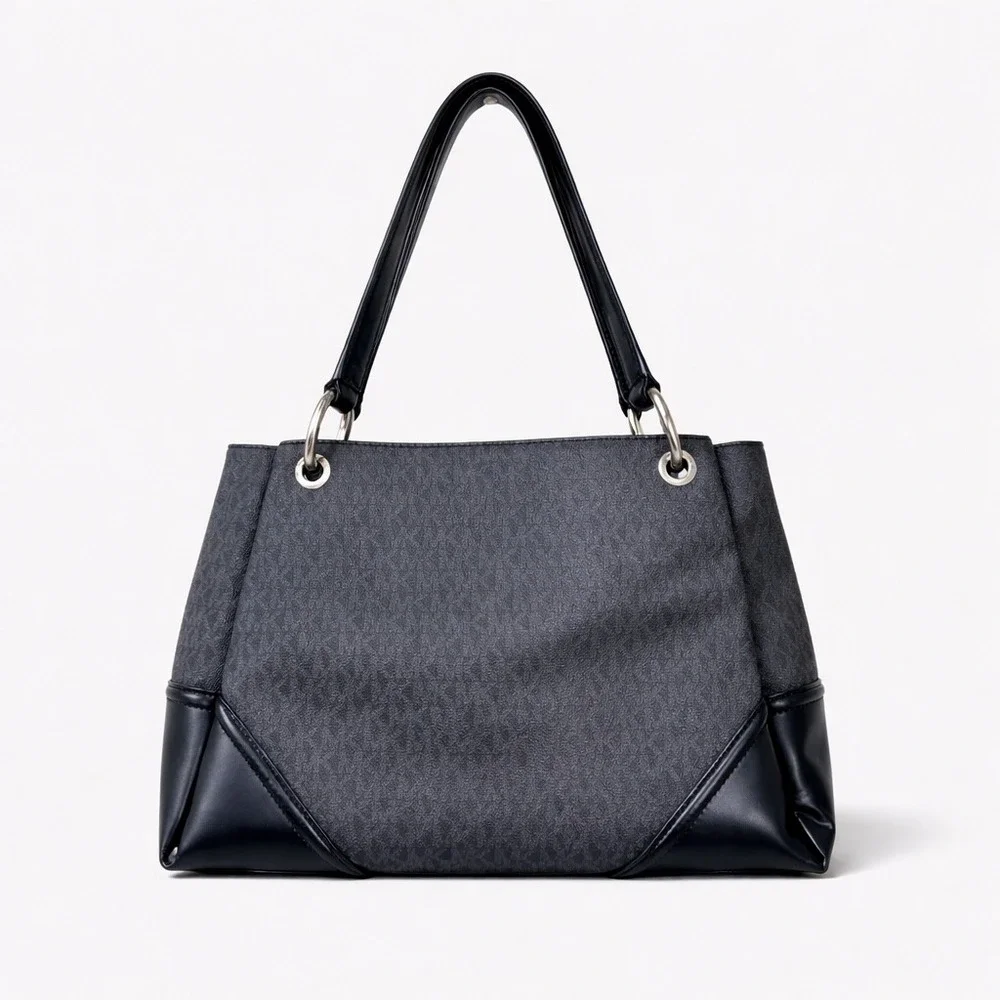 Michael Kors Black Monogram Logo Shoulder Bag Tote Silver Hardware MK Charm - Picture 4 of 11